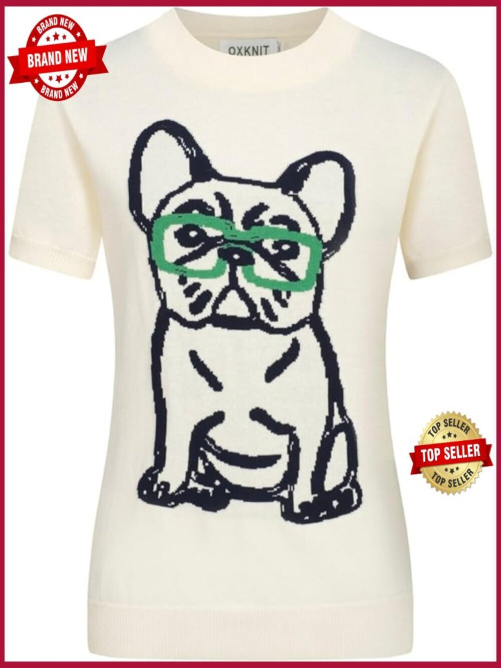 1960s Mod Style Knitted T-Shirt with Dog Pattern Crewneck Short Sleeve Top